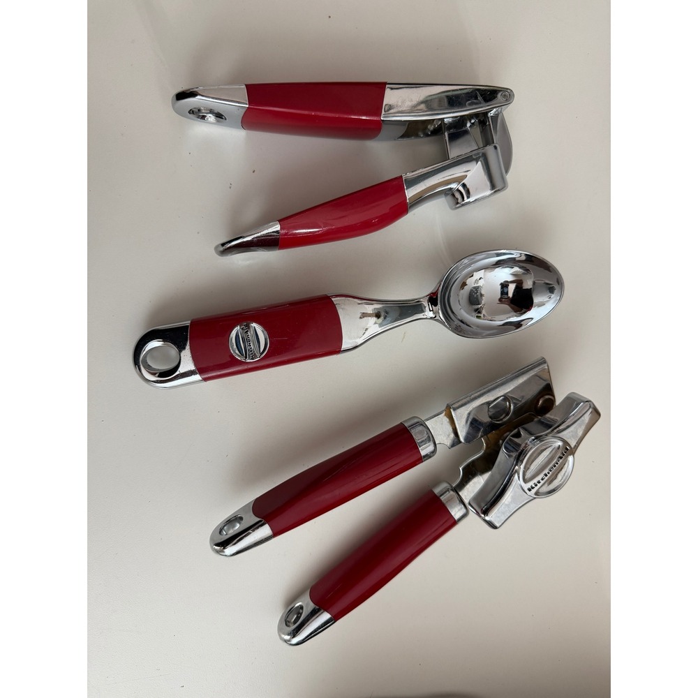 KitchenAid 3 Piece Tool Set Empire Red Garlic Press Can Opener Ice Cream Scoop